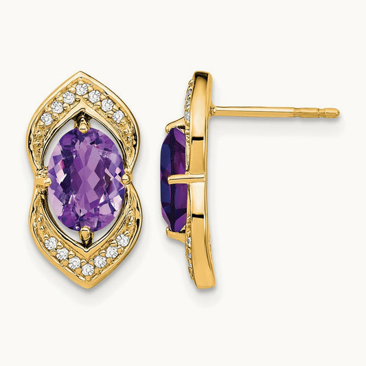 Amethyst and Diamond Post Earrings, 14K