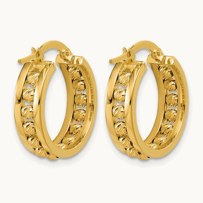 Polished and Diamond-cut Beaded Tube Hoop Earrings — 19.5mm
