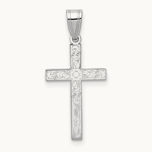 Floral Cross Charm — 14K White Gold