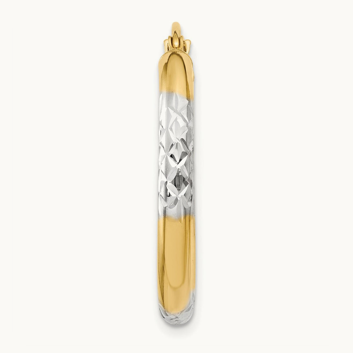 Single 14K and Rhodium Diamond-cut 3x25mm Hoop Earring