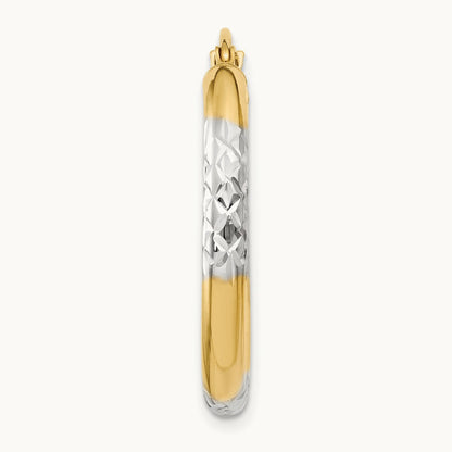 Single 14K and Rhodium Diamond-cut 3x25mm Hoop Earring