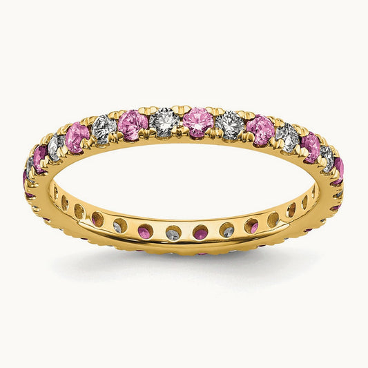 Created Pink Sapphire Eternity Band, 0.25-0.50 ct tw Lab-Grown Diamond — 14K Yellow Gold