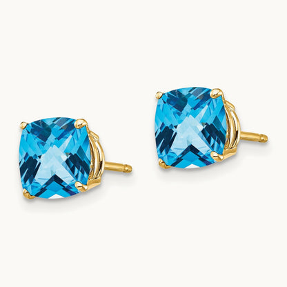7x7mm Cushion Blue Topaz Checker Earring, 14K
