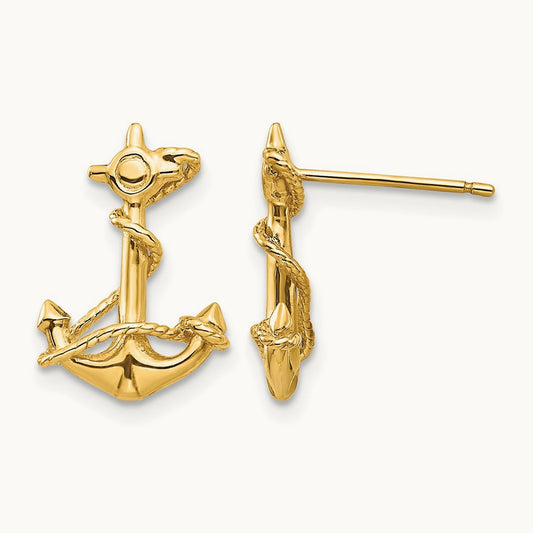 3-D Anchor with Rope Post Earrings, 14K