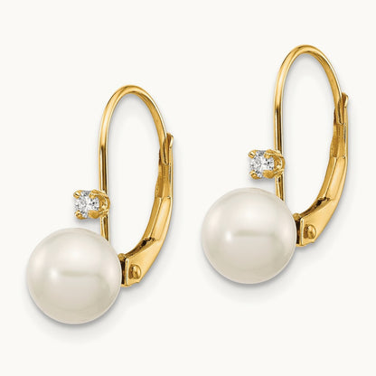 6- Round White FWC Pearl .06ct. Diamond Leverback Earrings, 7mm, 14K
