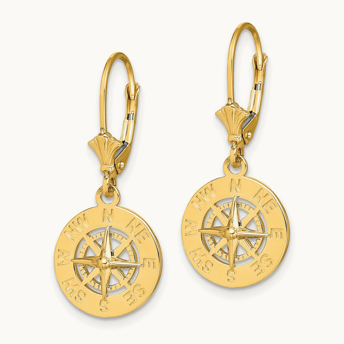 Mini Nautical Compass Leverback Earrings, 14K