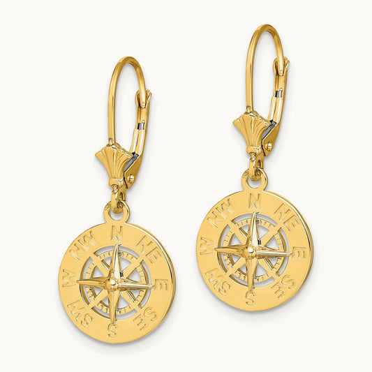 Mini Nautical Compass Leverback Earrings, 14K
