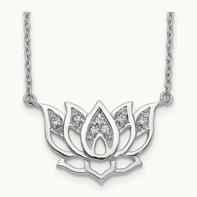 Diamond Lotus Flower 18 inch Necklace, 14K White Gold
