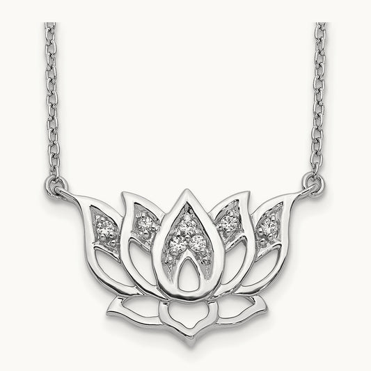 Diamond Lotus Flower 18 inch Necklace, 14K White Gold
