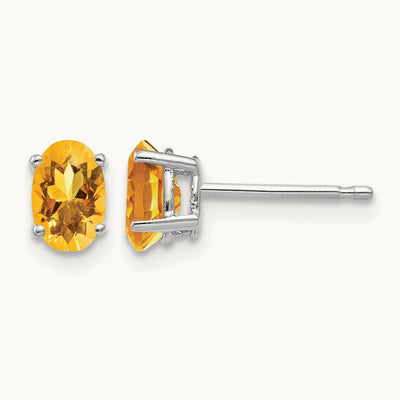 Citrine Oval Stud Earrings, 14K White Gold