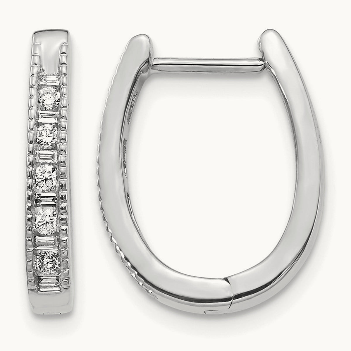 Diamond Oval Hinged Hoop Earrings — 14K White Gold