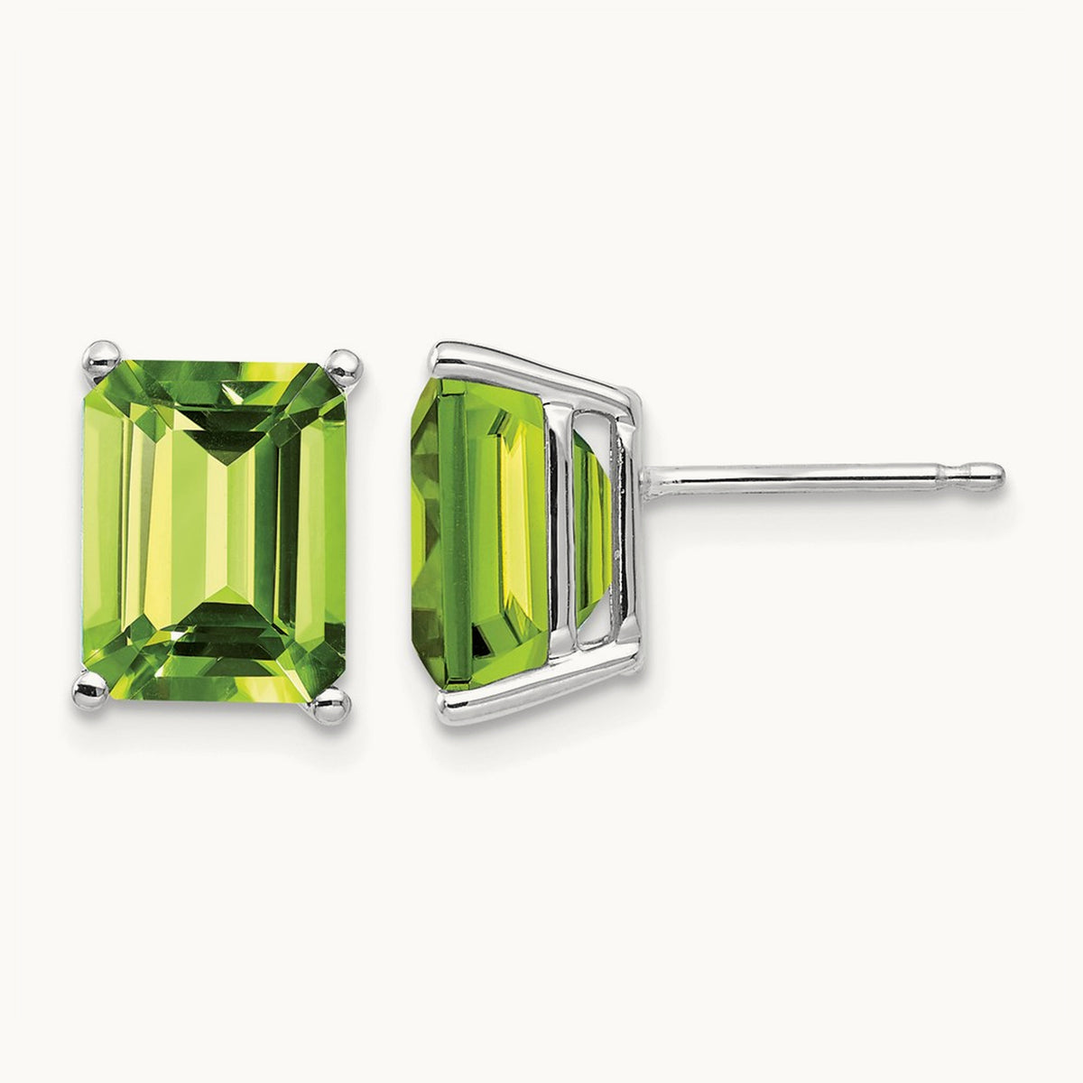 9x7mm Emerald Cut Peridot Earrings, 14K White Gold