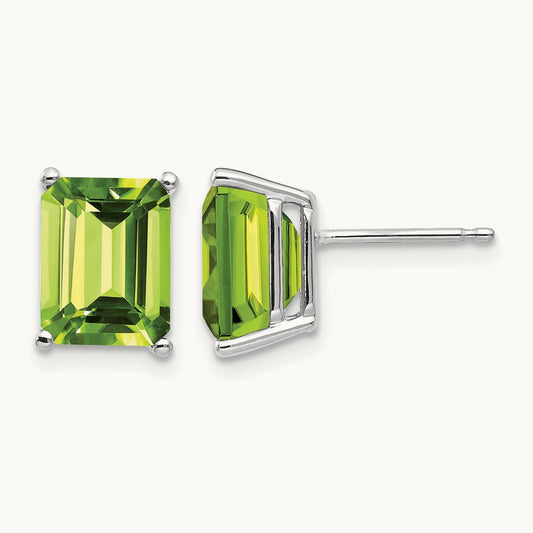 9x7mm Emerald Cut Peridot Earrings, 14K White Gold