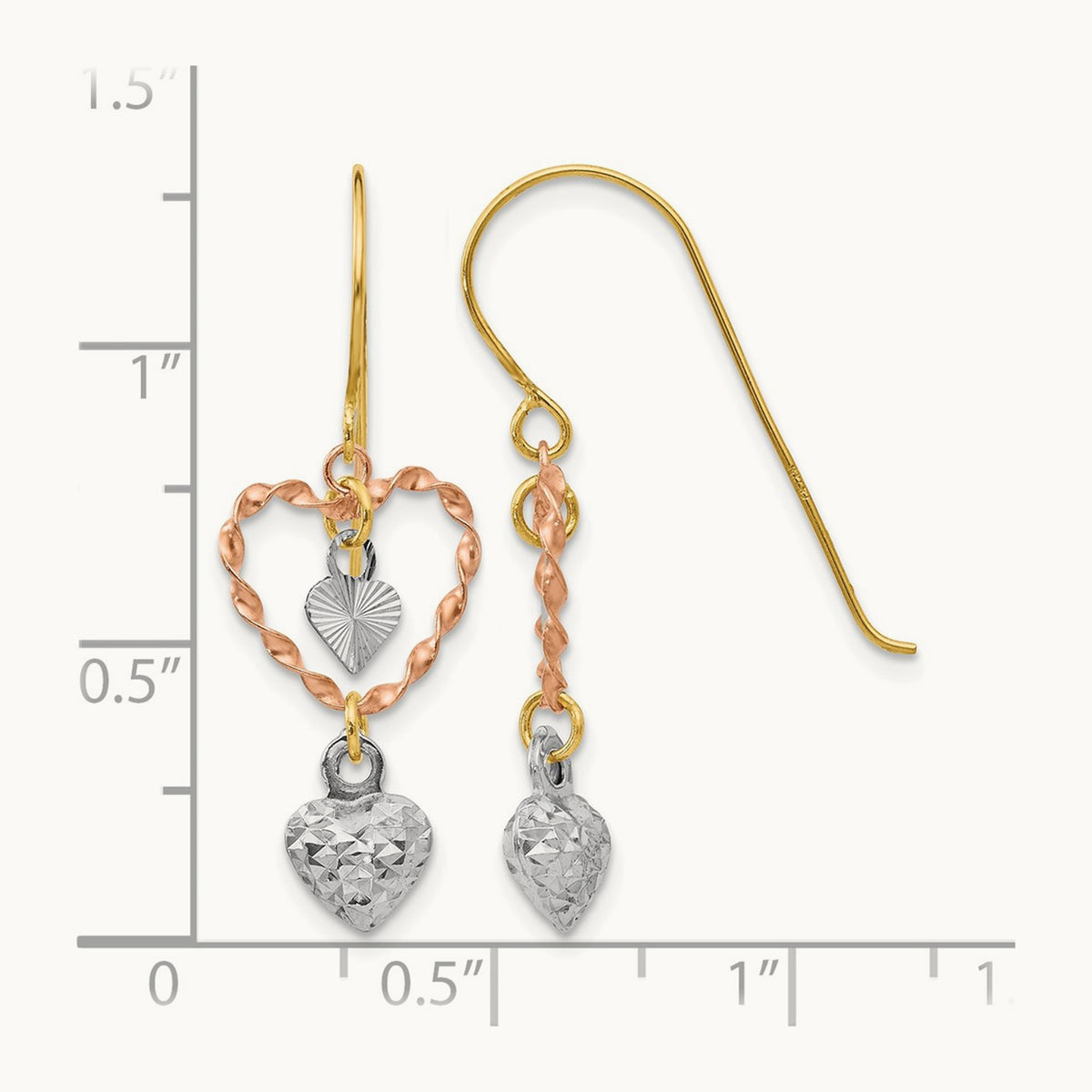 Tri-color Diamond Cut Heart Dangle Earrings, 14K