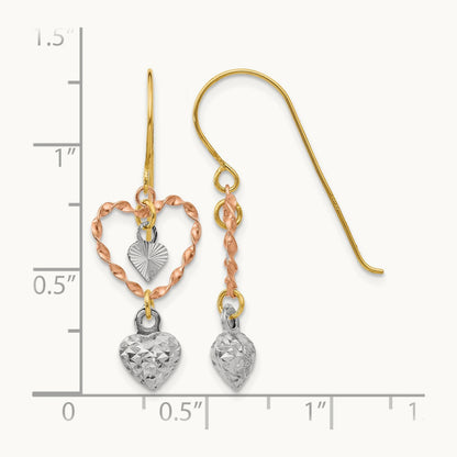 Tri-color Diamond Cut Heart Dangle Earrings, 14K