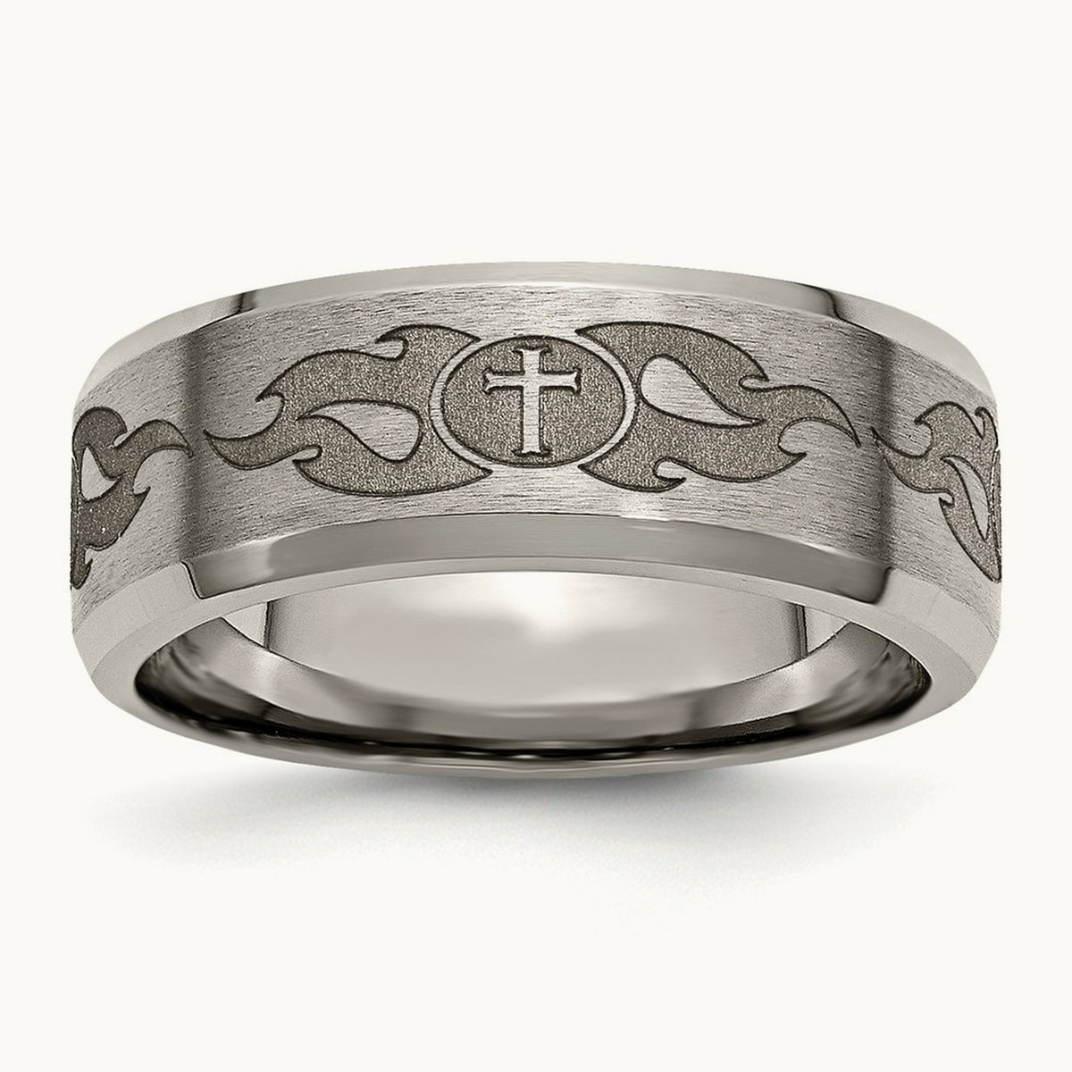 Brushed & Polished Cross Laser Design Beveled Edge Band — photo set