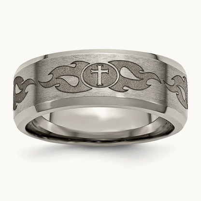 Brushed & Polished Cross Laser Design Beveled Edge Band — photo set