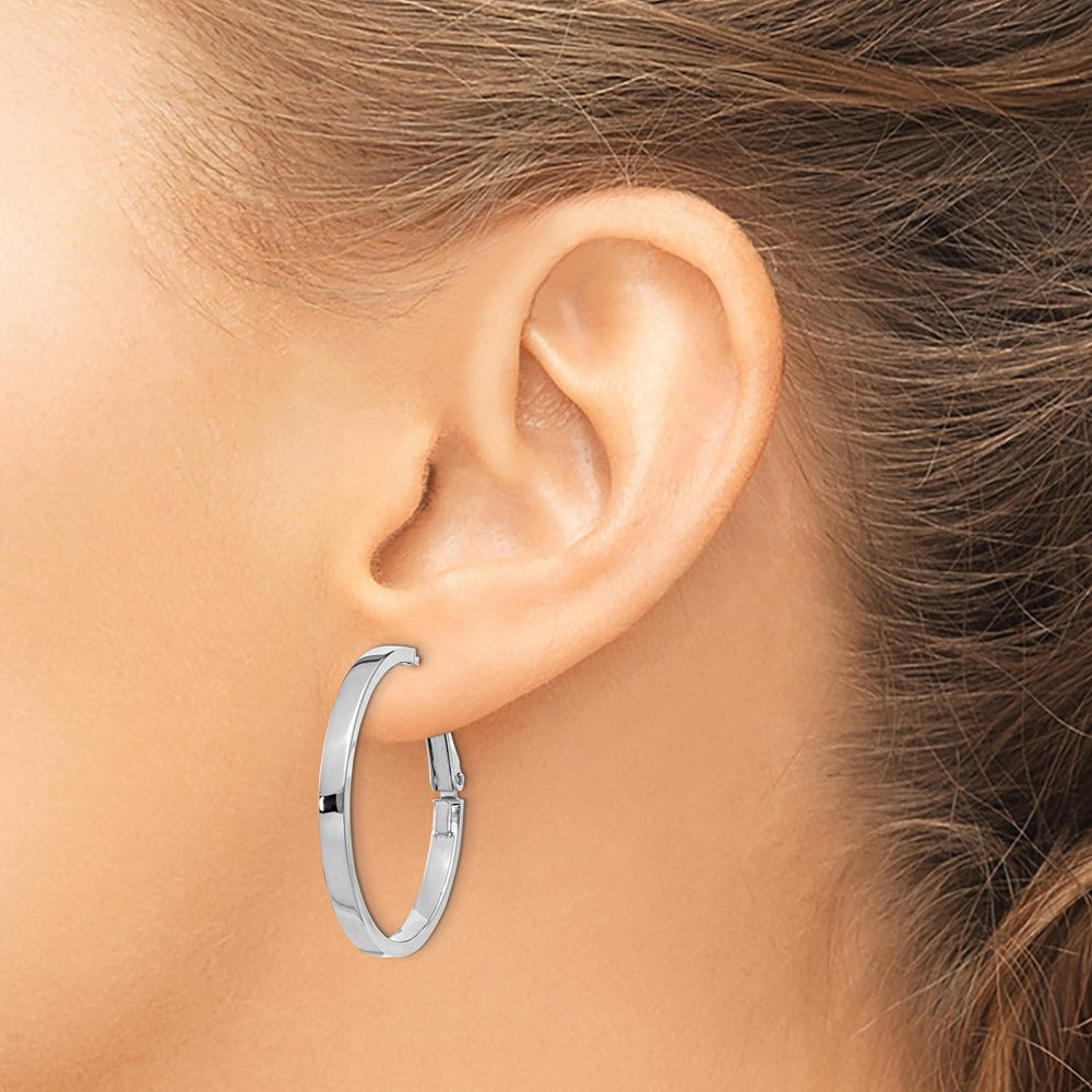 Polished Square Tube Round Hoop Earrings — 14K White Gold, 3x30mm