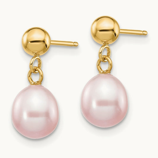 6- Purple Rice Freshwater Cultured Pearl Post Dangle Earrings, 7mm, 14K