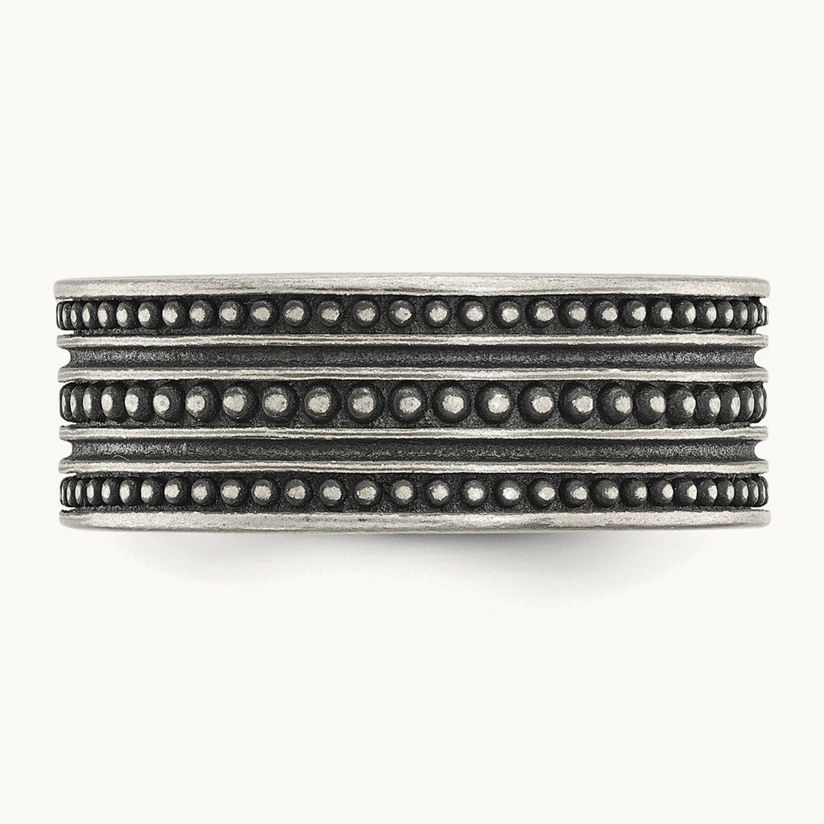 Antiqued Gun Metal IP-plated Beaded Flat Band, 10mm, Stainless Steel