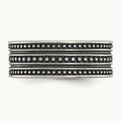Antiqued Gun Metal IP-plated Beaded Flat Band, 10mm, Stainless Steel
