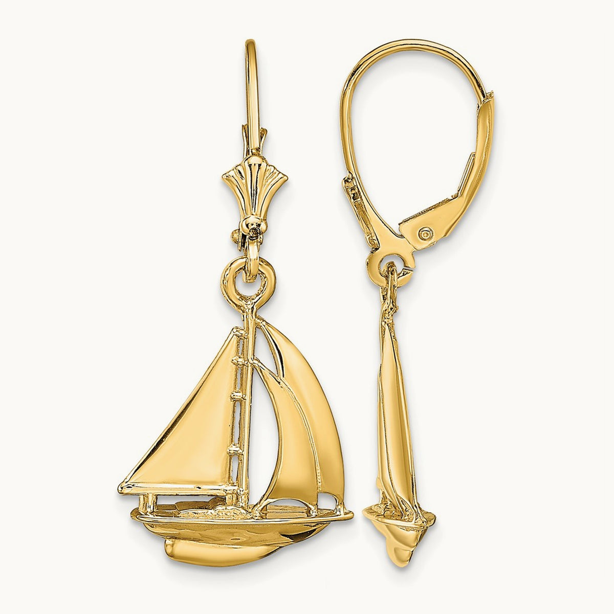 3D Polished Sailboat Leverback Earrings, 14K