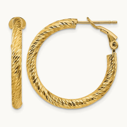 Diamond-cut Round Omega Back Hoop Earrings — 14K Yellow Gold, 3x27mm