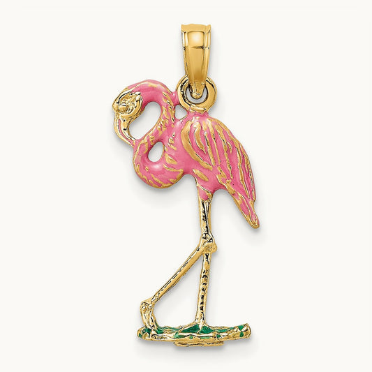 3-D Pink Enamel Flamingo Charm, 14K