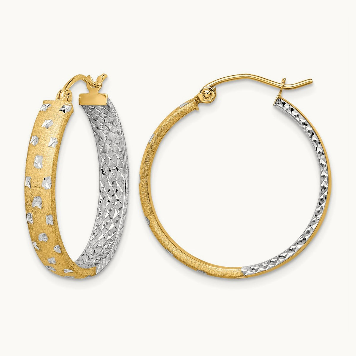 w/White Rhodium Polished Satin Diamond-cut In/Out Hoop Earrings, 14K