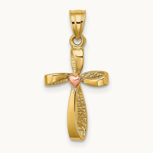 Twisted Cross w/ Heart Charm, 14K Two-tone