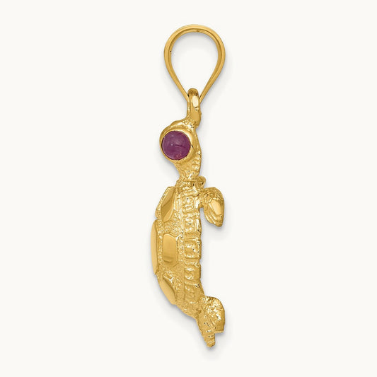 Turtle with Ruby Eyes Pendant, 14K