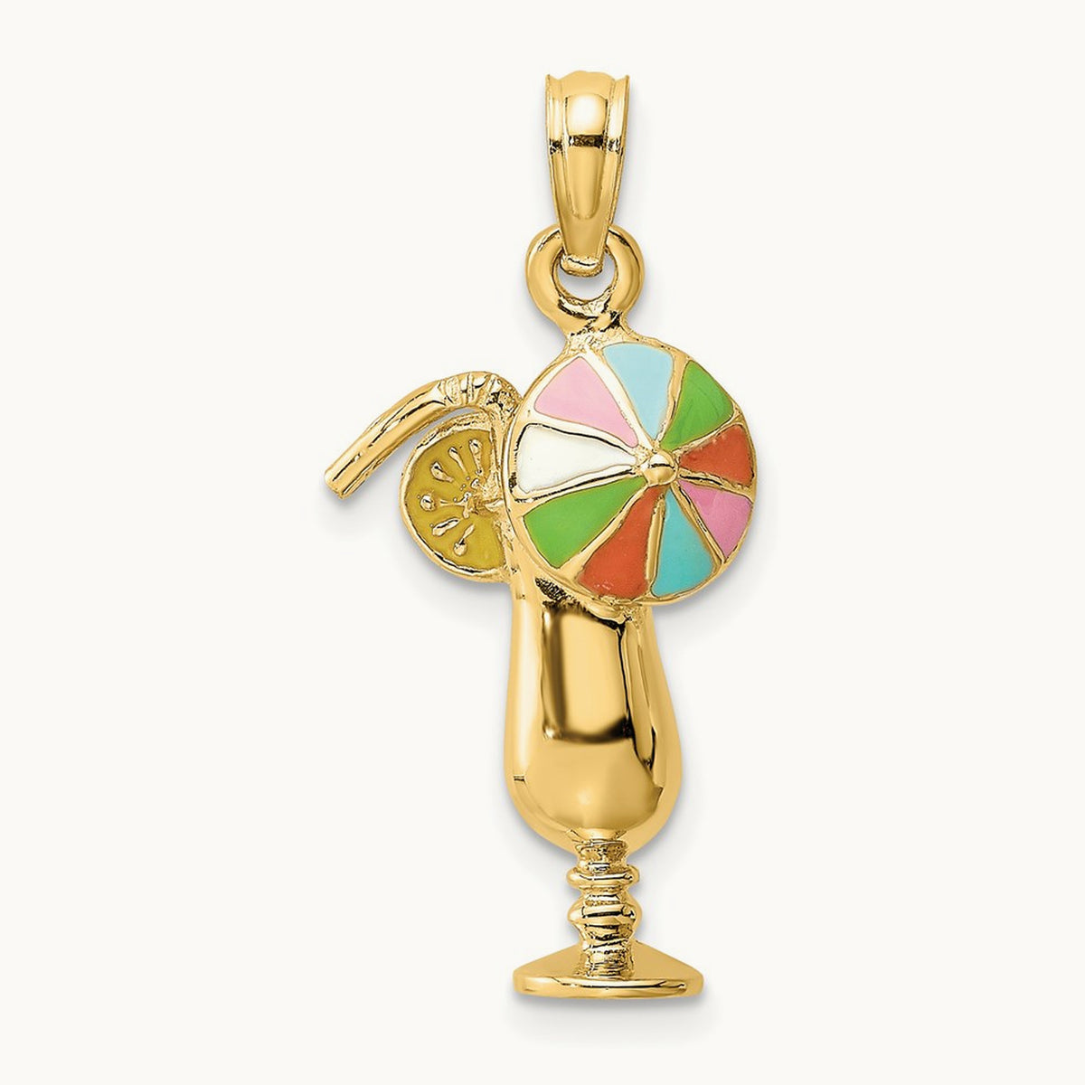 Tropical Drink w/Multi-Colored Enamel Umbrella Charm, 14K