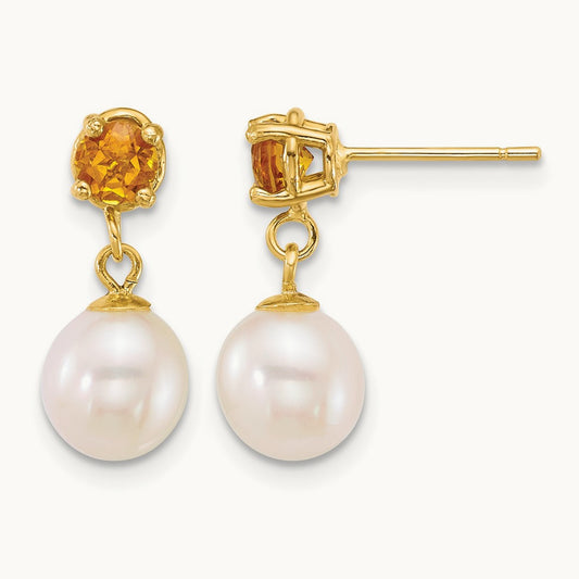 7- Round White FWC Pearl and Citrine Post Dangle Earrings, 8mm, 14K