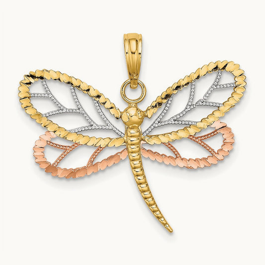 Rhodium Dragonfly w/Beaded Diamond-cut Wings Charm, 14K Two-tone White