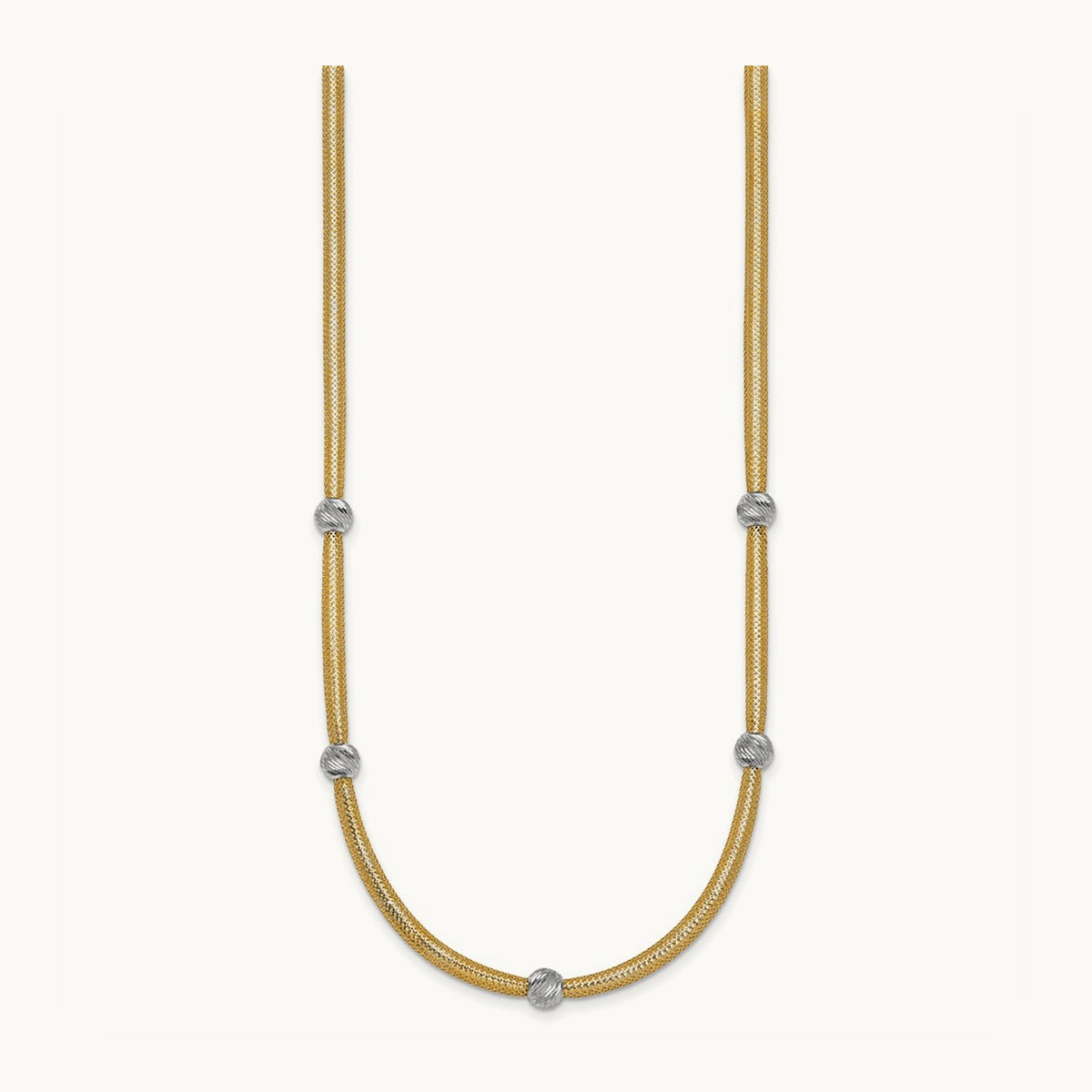 Polished w/Rhodium D/C Bead Flexible Mesh Necklace, 14K