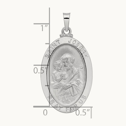 Polished Saint Joseph Oval Solid Medal Pendant, 14K White Gold