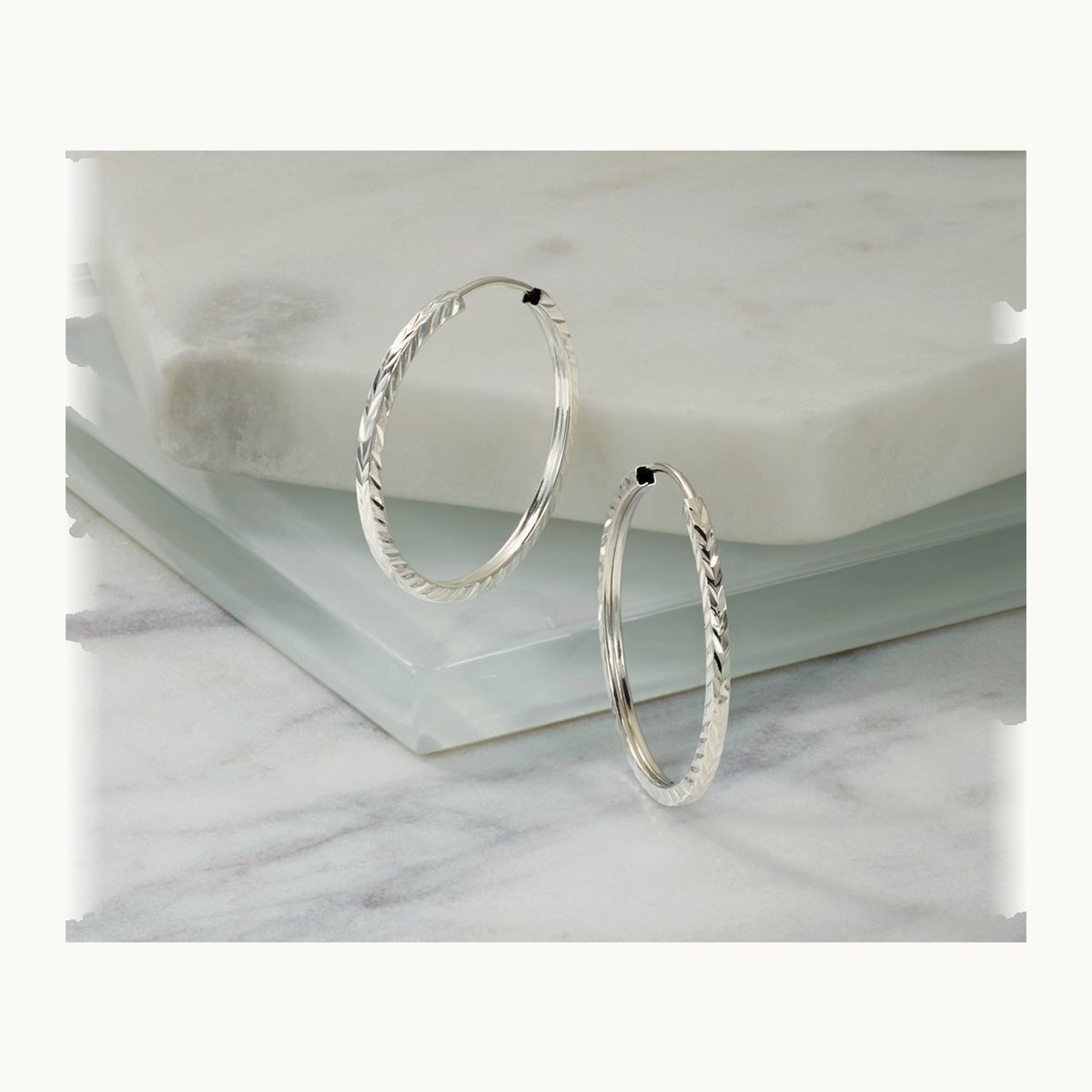 Diamond-cut Square Tube Endless Hoop Earrings — 14K White Gold