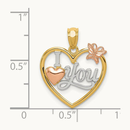 w/White Rhod I LOVE YOU Heart w/Butterfly Pendant, 14K Two-tone