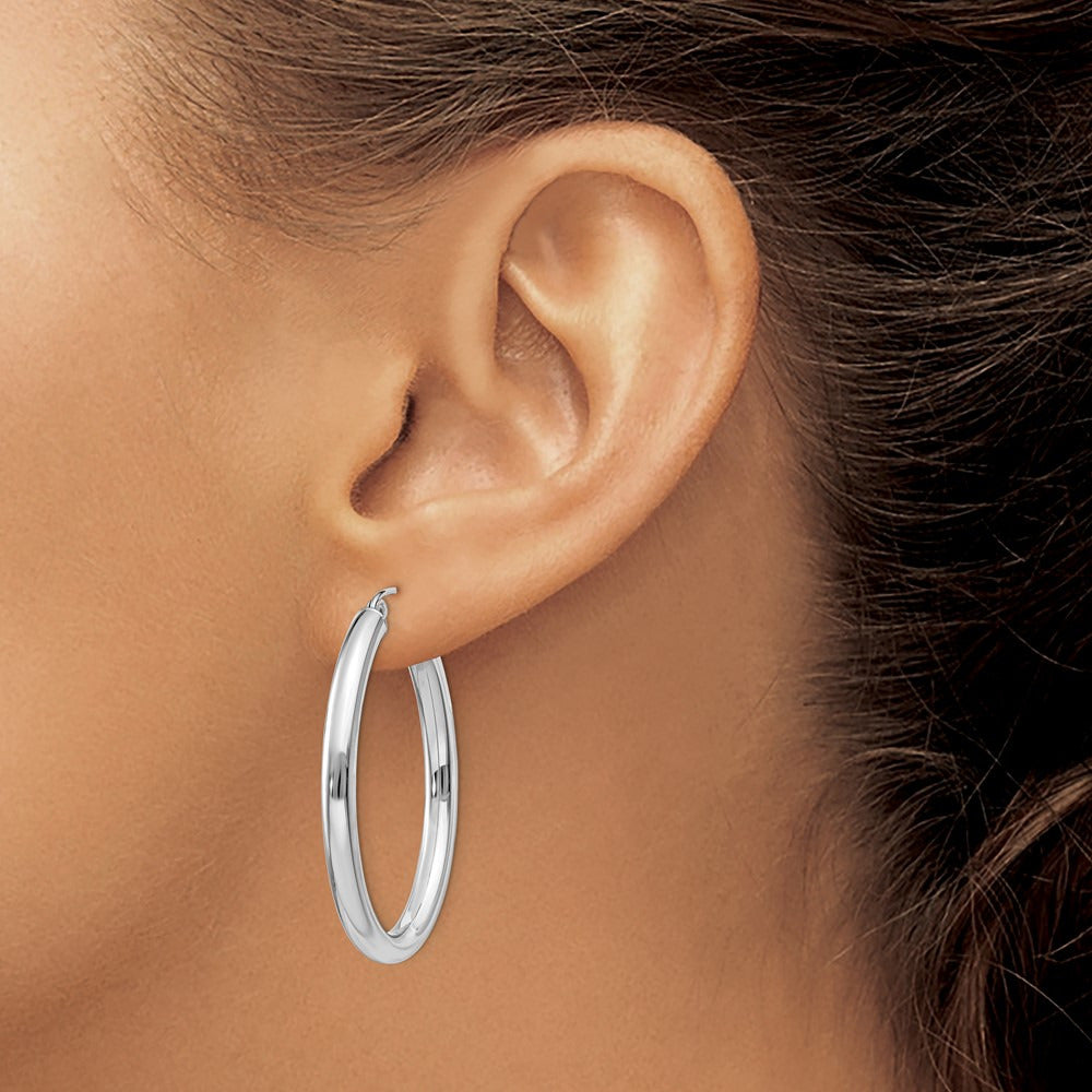 Polished Oval Tube Hoop Earrings — 14K White Gold