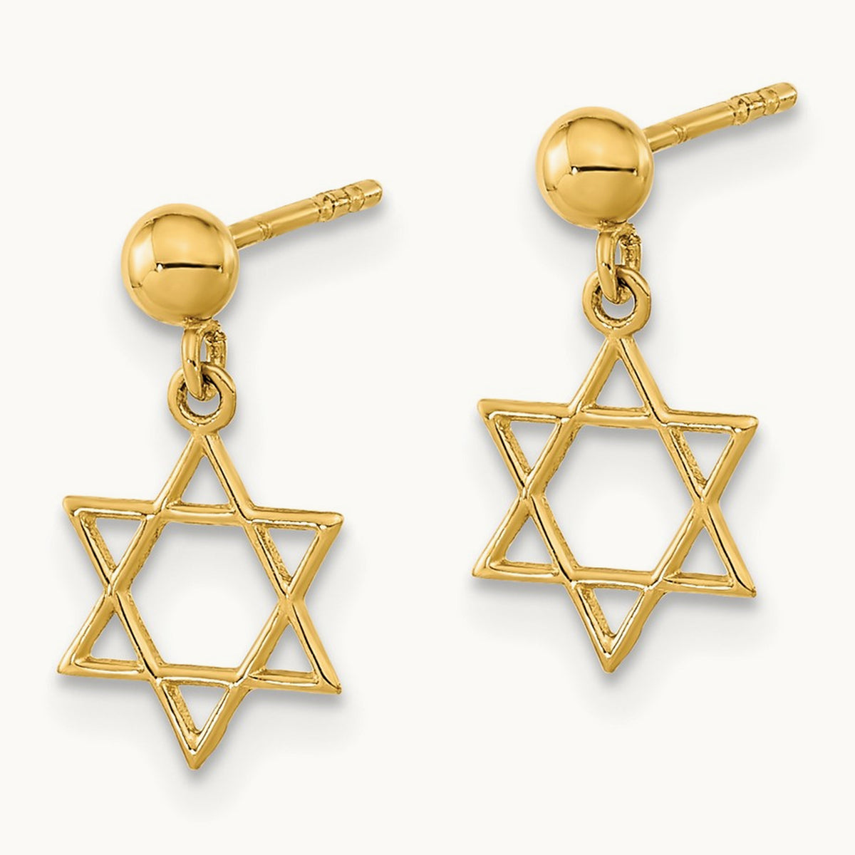 Polished Star of David Post Dangle Earrings — 14K Yellow Gold