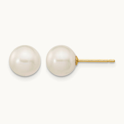 7- White Round Freshwater Cultured Pearl Stud Post Earrings, 8mm, 14K