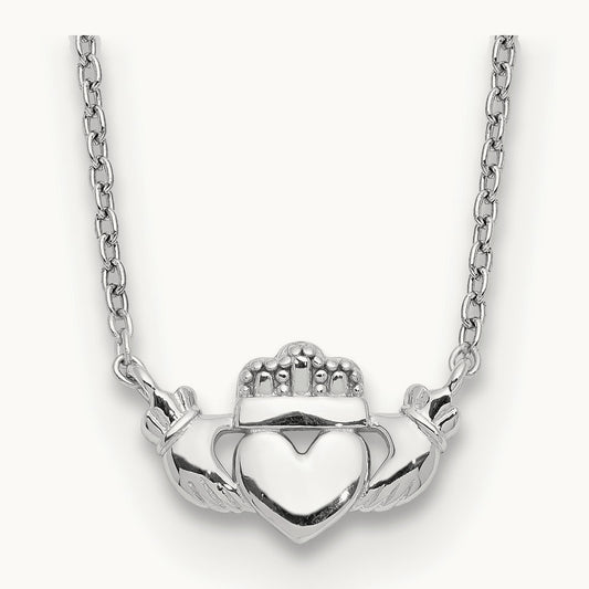 Polished Claddagh Necklace, 14K White Gold