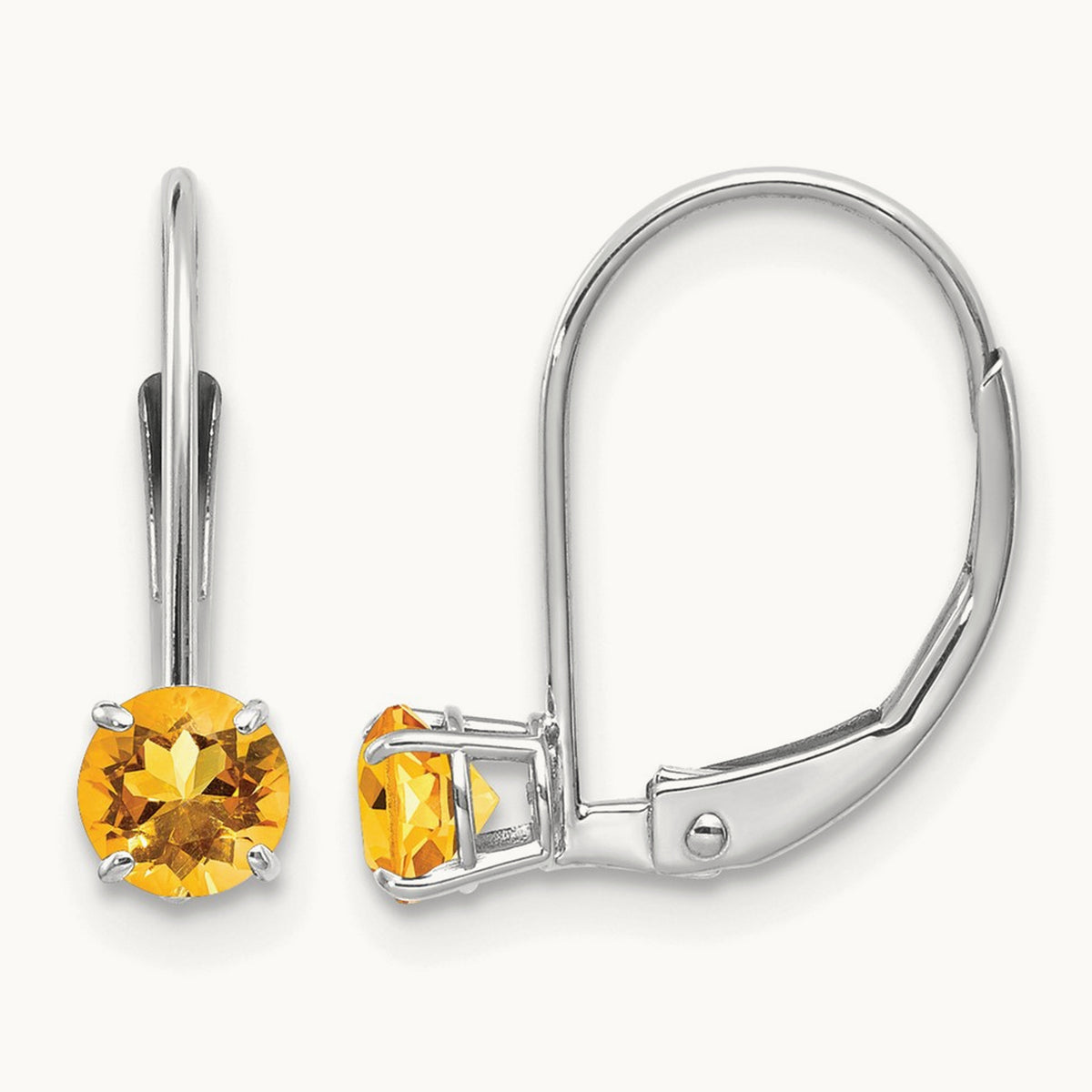 Round November/Citrine Leverback Earrings — 14K White Gold
