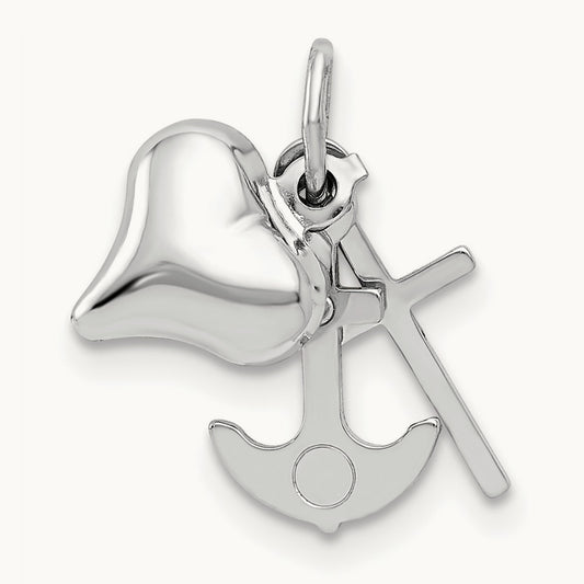 3D Heart, Cross And Anchor Pendant, 14K White Gold