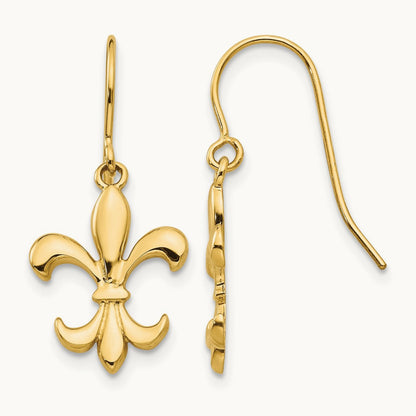 Polished Fleur de lis Dangle Earrings, 14K