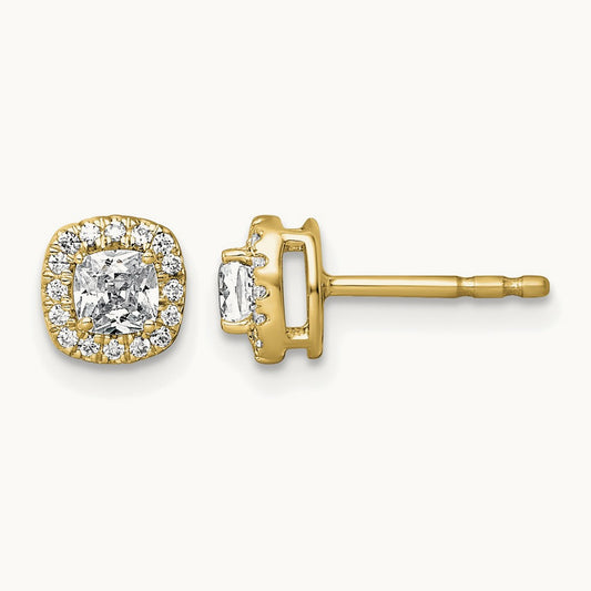 Cushion Halo Post Earrings, 0.50-7.00 ct tw Lab-Grown Diamond — 5/8 ct, 14K Yellow Gold