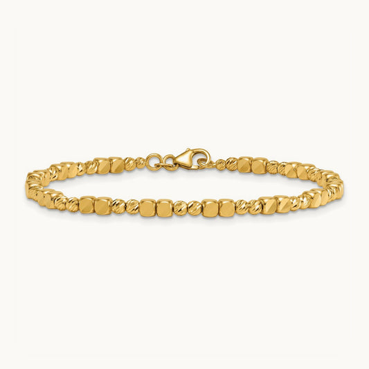 Polished Diamond-cut and Beaded 7 Inch Bracelet, 14K