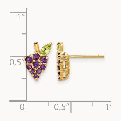 Amethyst and Peridot Grapes Post Earrings, 14K Gold