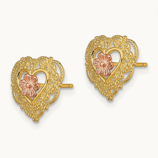 w/ Lace Trim and Flower Heart Post Earrings, 14K Two-tone