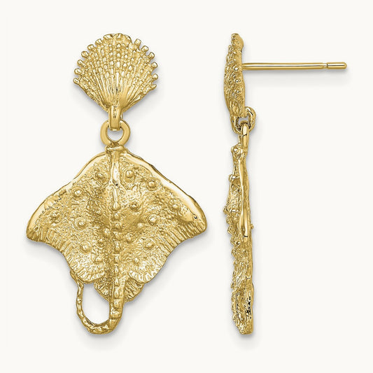 Shell and Stingray Post Dangle Earrings, 14K